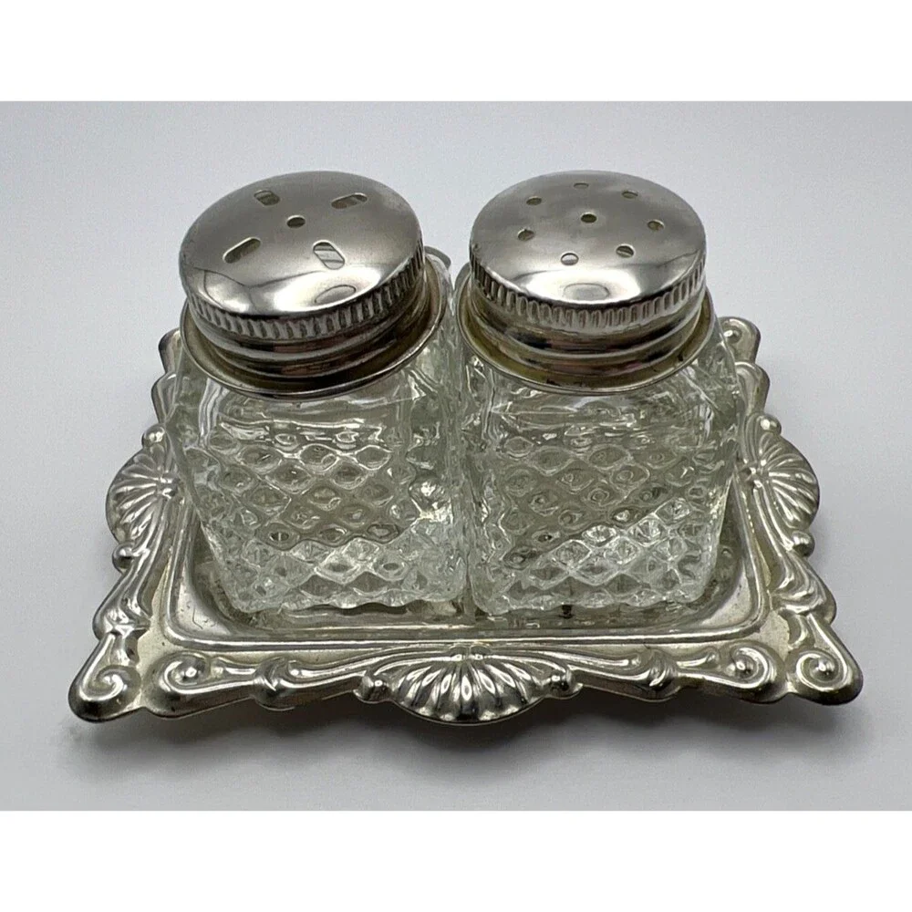 Vintage Mini Salt & Pepper Shakers With Silver Plated Tray No Cracks/Chips